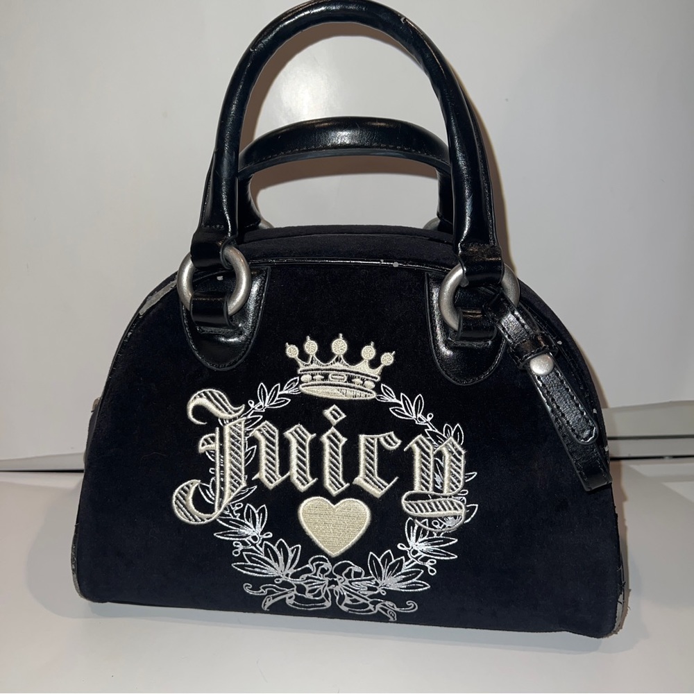 Black Vintage Juicy Couture Purse Bowler Bowling Bag Velour Satchel Y2K - Picture 1 of 13